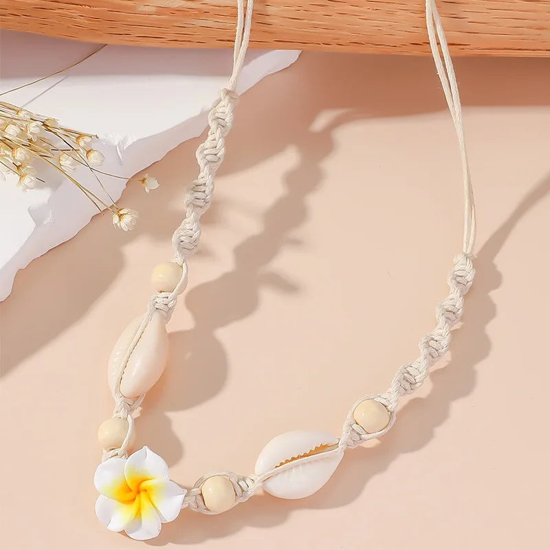Bohemia Sea Shell Choker Necklace For Women Fashion Summer Sweet Flower Pendant Hand-woven Rope Neck Chain Jewelry Accessory