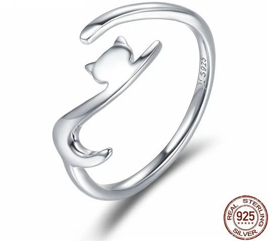 BAMOER 100% 925 Sterling Silver Sticky Cat with Long Tail Finger Ring Women Ring Adjustable Engagement Ring Jewelry SCR220