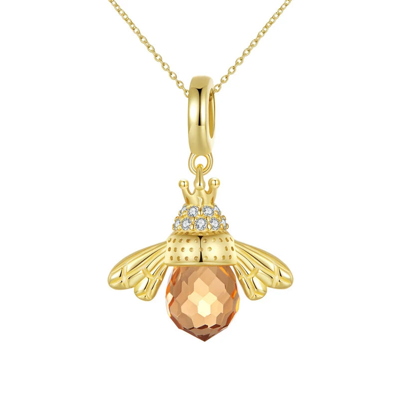 BAMOER 925 Sterling Silver Lovely Orange Bee Insect Pendant Necklace for Women 14K Gold Plated Jewelry Birthday Gift 2 Colors
