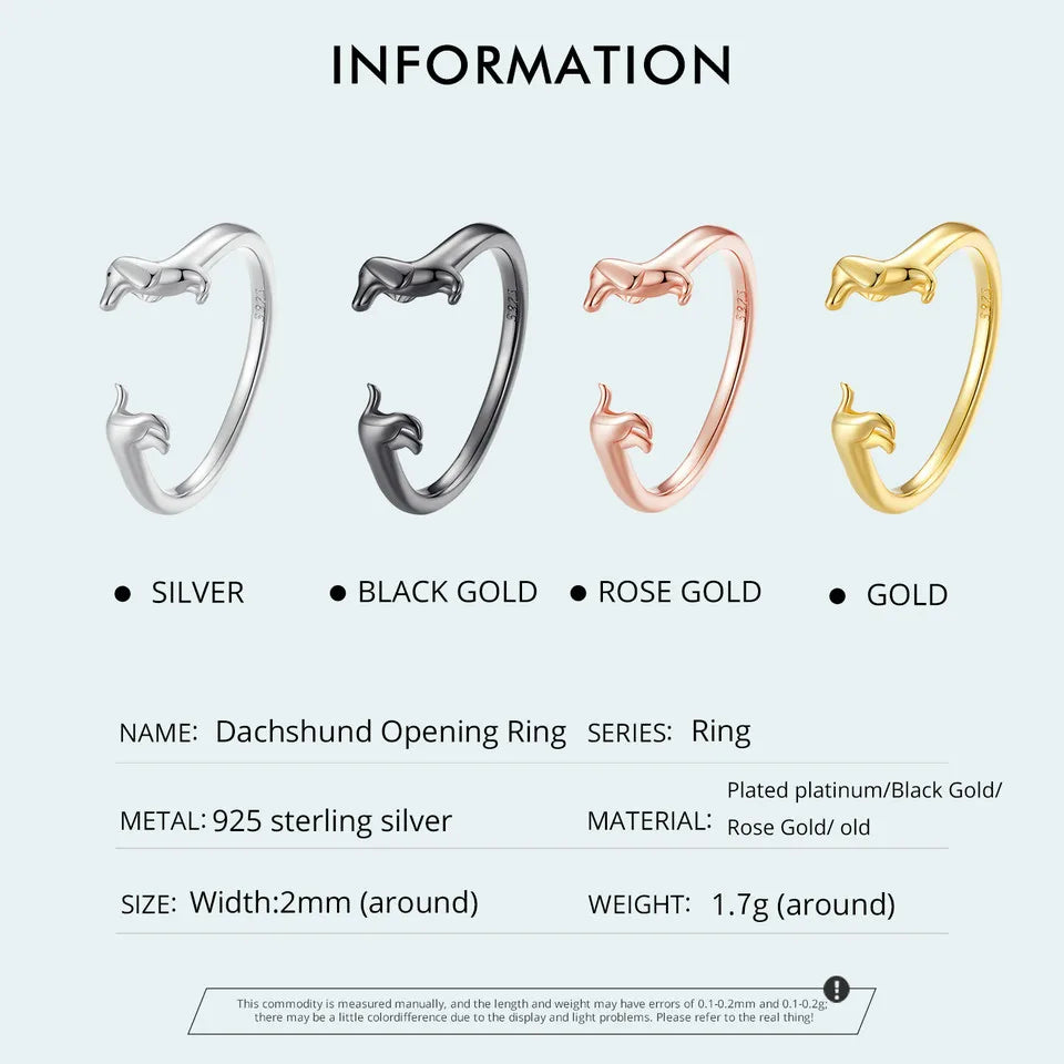 BISAER 925 Sterling Silver Cute Pet Dog Jewelry Set Dachshund Animal Stud Earrings Adjustable Rings for Women Lovely Party Gift