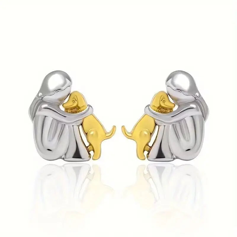 Fashion Two Tone Little Girl and Dog Earrings For Women Dog Mom Earrings Animal Puppy Jewelry