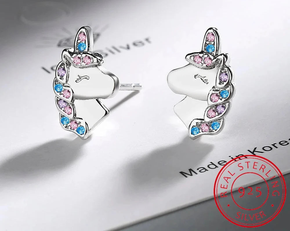 Real 925 Sterling Silver Cute Animal Unicorn Stud Earring For Women Daughter Girl Birthday Gift Fine Jewelry DS4501