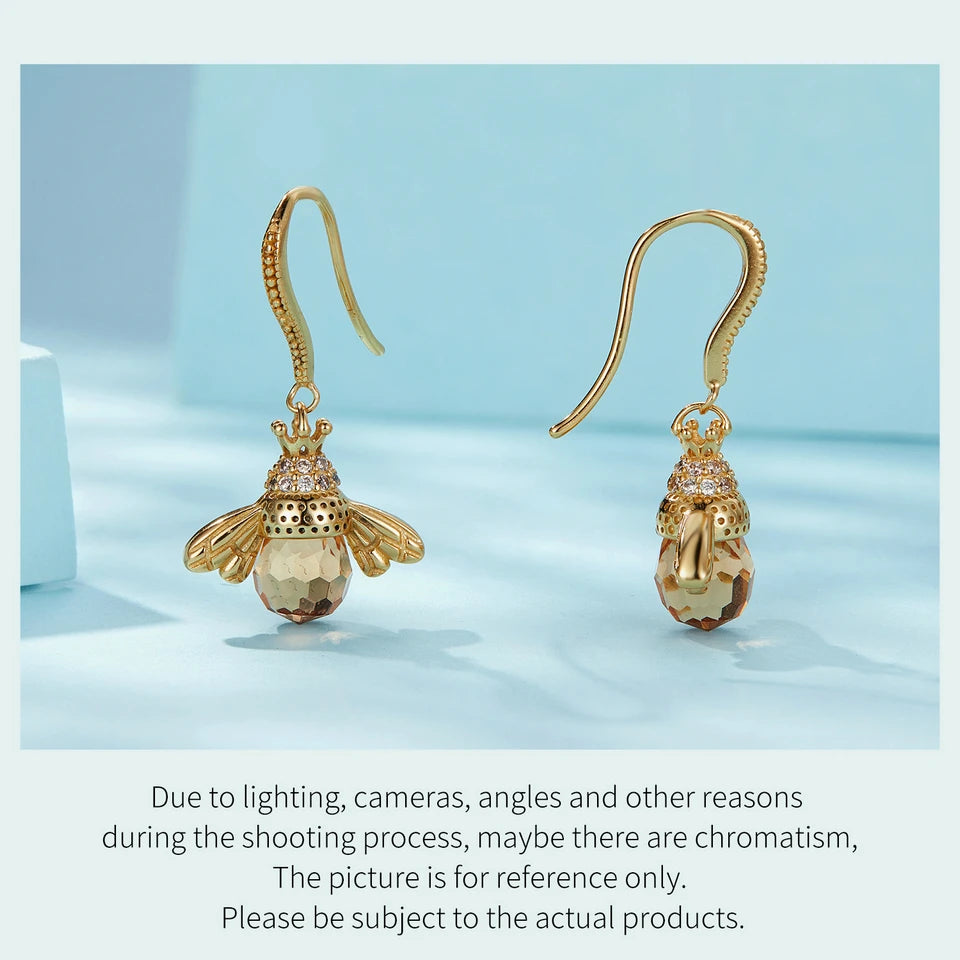 Bamoer Hot Sale 925 Sterling Silver Yellow Bee Drop Earrings for Women Lovely Insect Earrings Fine Jewelry Gift SCE149