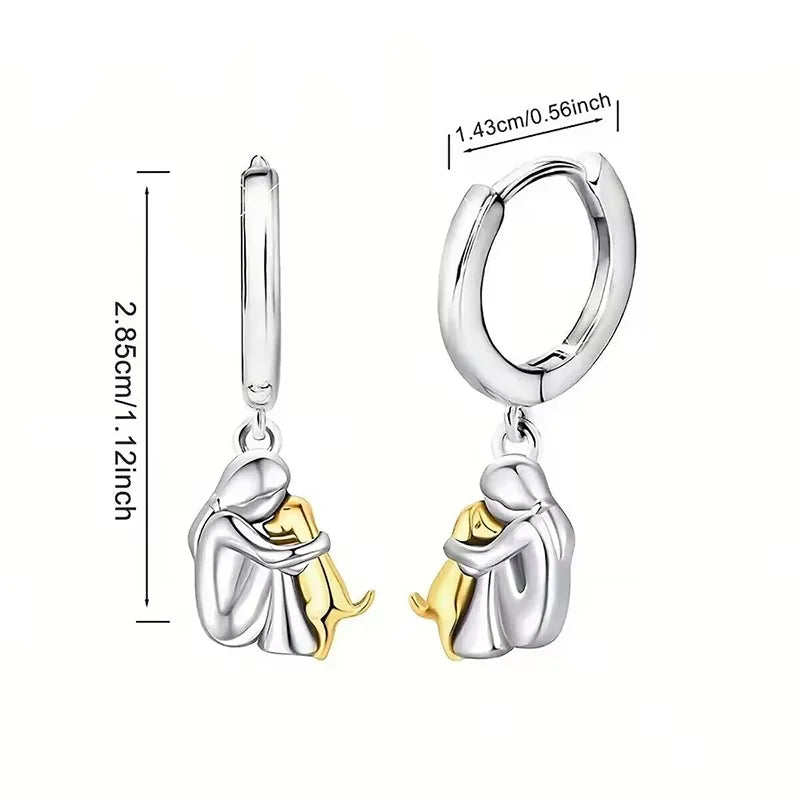 Cute Two Tone Gold Silver Color Women and Dog Stud Earrings Dog Mom Small Hoop Earrings Animal Pet Jewelry