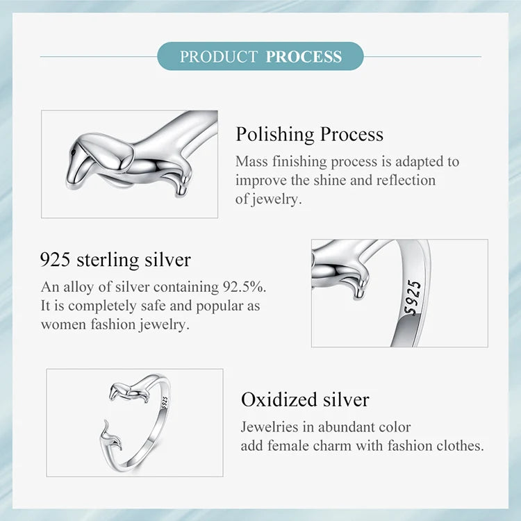 BISAER 925 Sterling Silver Cute Pet Dog Jewelry Set Dachshund Animal Stud Earrings Adjustable Rings for Women Lovely Party Gift