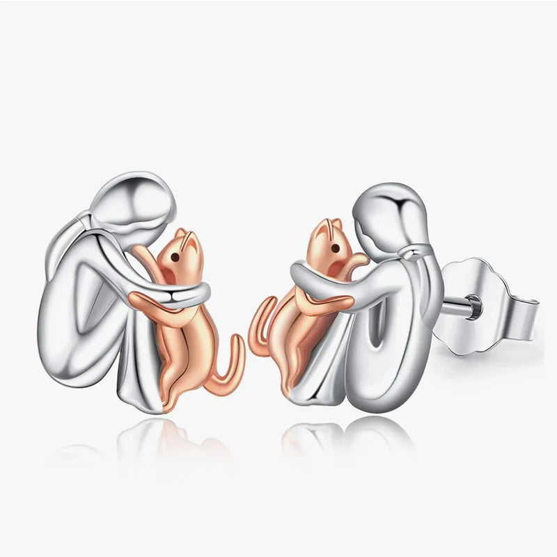 Cute Two Tone Gold Silver Color Women and Dog Stud Earrings Dog Mom Small Hoop Earrings Animal Pet Jewelry