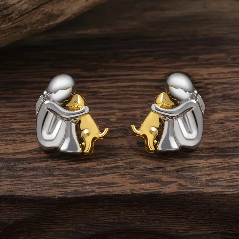 Cute Two Tone Gold Silver Color Women and Dog Stud Earrings Dog Mom Small Hoop Earrings Animal Pet Jewelry