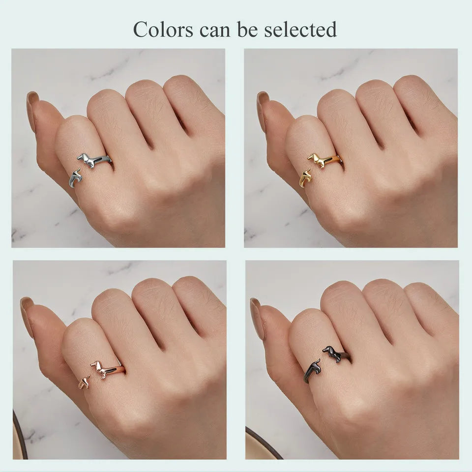 BISAER 925 Sterling Silver Cute Pet Dog Jewelry Set Dachshund Animal Stud Earrings Adjustable Rings for Women Lovely Party Gift