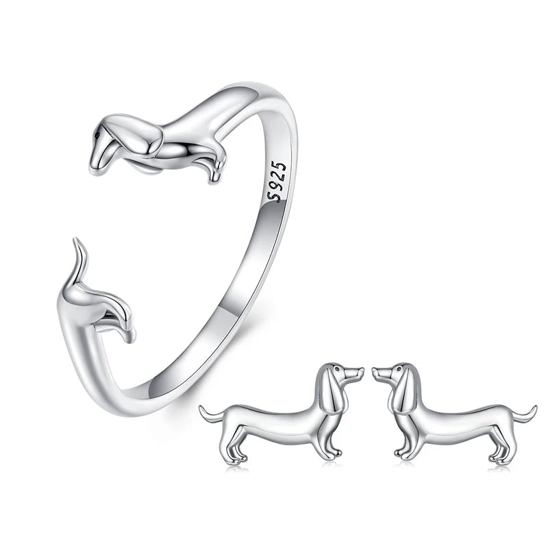 BISAER 925 Sterling Silver Cute Pet Dog Jewelry Set Dachshund Animal Stud Earrings Adjustable Rings for Women Lovely Party Gift