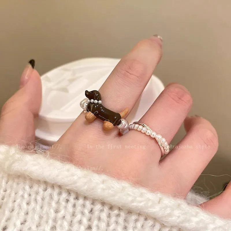 Cute Trendy Pearl Beaded Dog Elasticity Rings for Women Creative Design Charm Party Finger Jewelry Accessories Friendship Gift