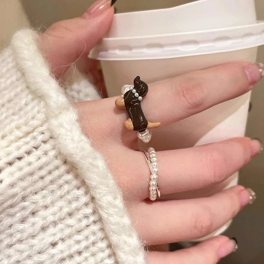 Cute Trendy Pearl Beaded Dog Elasticity Rings for Women Creative Design Charm Party Finger Jewelry Accessories Friendship Gift