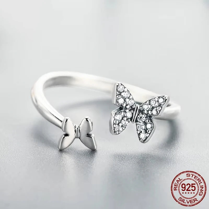 BAMOER Hot Sale 925 Sterling Silver Dazzling CZ Butterfly Open Finger Ring for Women Fashion Sterling Silver Jewelry Gift SCR087