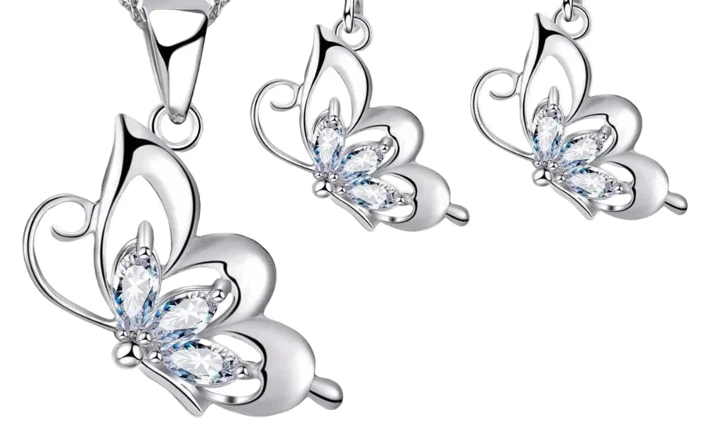 925 Sterling Silver Jewelry Sets for Women Wedding Necklace Pendant Hoop Earrings Elegant Cubic Zirconia Butterfly