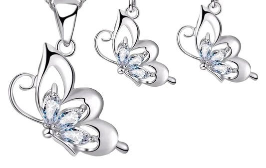 925 Sterling Silver Jewelry Sets for Women Wedding Necklace Pendant Hoop Earrings Elegant Cubic Zirconia Butterfly