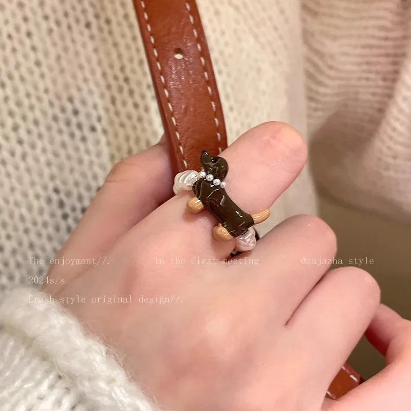 Cute Trendy Pearl Beaded Dog Elasticity Rings for Women Creative Design Charm Party Finger Jewelry Accessories Friendship Gift