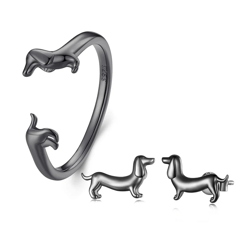 BISAER 925 Sterling Silver Cute Pet Dog Jewelry Set Dachshund Animal Stud Earrings Adjustable Rings for Women Lovely Party Gift