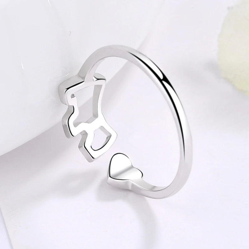 New Fashion 925 Sterling Silver Delicate Heart Pony Asymmetry Open Resizable Rings Women&Girl Exquisite Jewelry Finger Ring Gift
