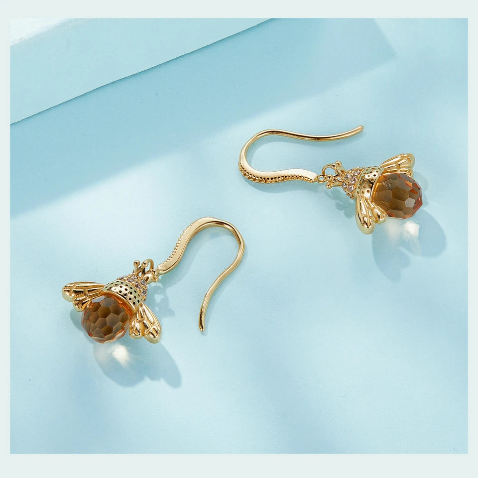 Bamoer Hot Sale 925 Sterling Silver Yellow Bee Drop Earrings for Women Lovely Insect Earrings Fine Jewelry Gift SCE149