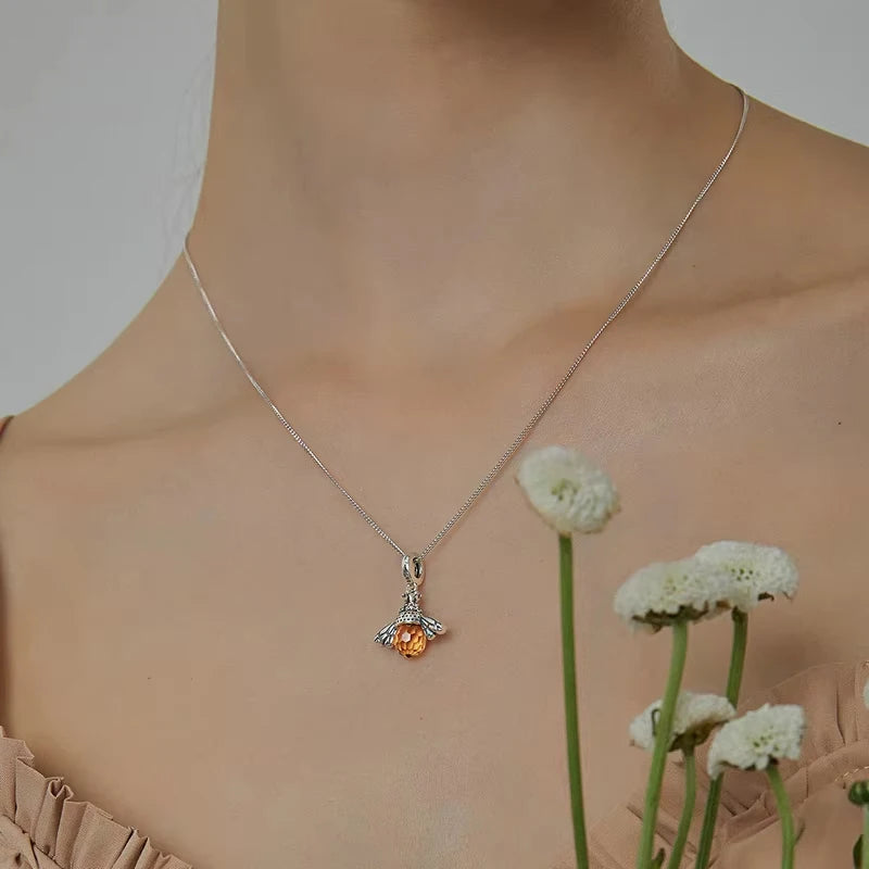 BAMOER 925 Sterling Silver Lovely Orange Bee Insect Pendant Necklace for Women 14K Gold Plated Jewelry Birthday Gift 2 Colors