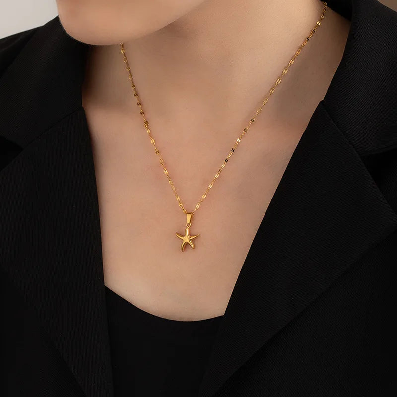 Ocean Style Starfish Sea Turtle Octopus Stainless Steel Pendant Necklace Fashion Gold Plated Summer Beach Jewelry Accessory