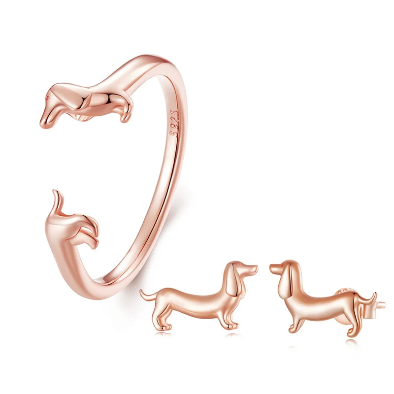 BISAER 925 Sterling Silver Cute Pet Dog Jewelry Set Dachshund Animal Stud Earrings Adjustable Rings for Women Lovely Party Gift