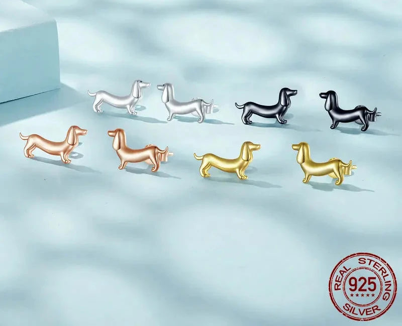 BISAER 925 Sterling Silver Cute Pet Dog Jewelry Set Dachshund Animal Stud Earrings Adjustable Rings for Women Lovely Party Gift