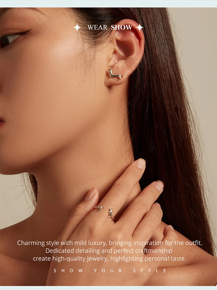 BISAER 925 Sterling Silver Cute Pet Dog Jewelry Set Dachshund Animal Stud Earrings Adjustable Rings for Women Lovely Party Gift