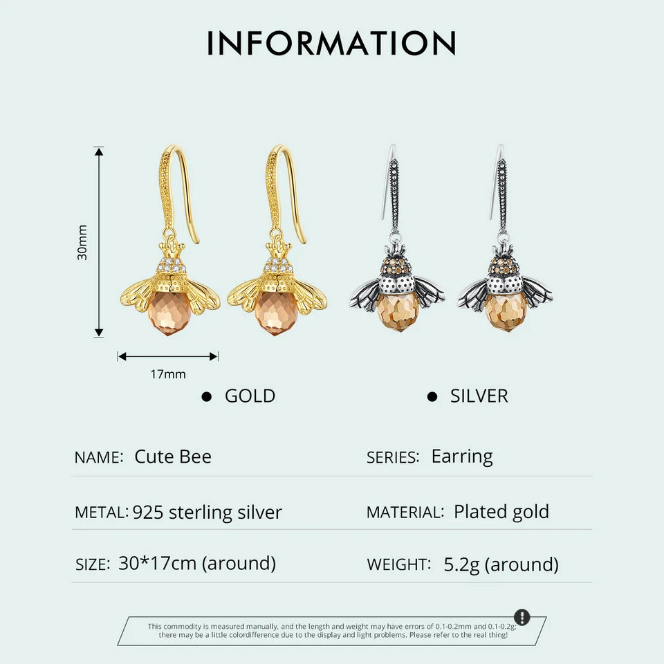 Bamoer Hot Sale 925 Sterling Silver Yellow Bee Drop Earrings for Women Lovely Insect Earrings Fine Jewelry Gift SCE149