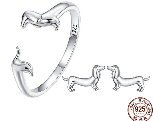 BISAER 925 Sterling Silver Cute Pet Dog Jewelry Set Dachshund Animal Stud Earrings Adjustable Rings for Women Lovely Party Gift