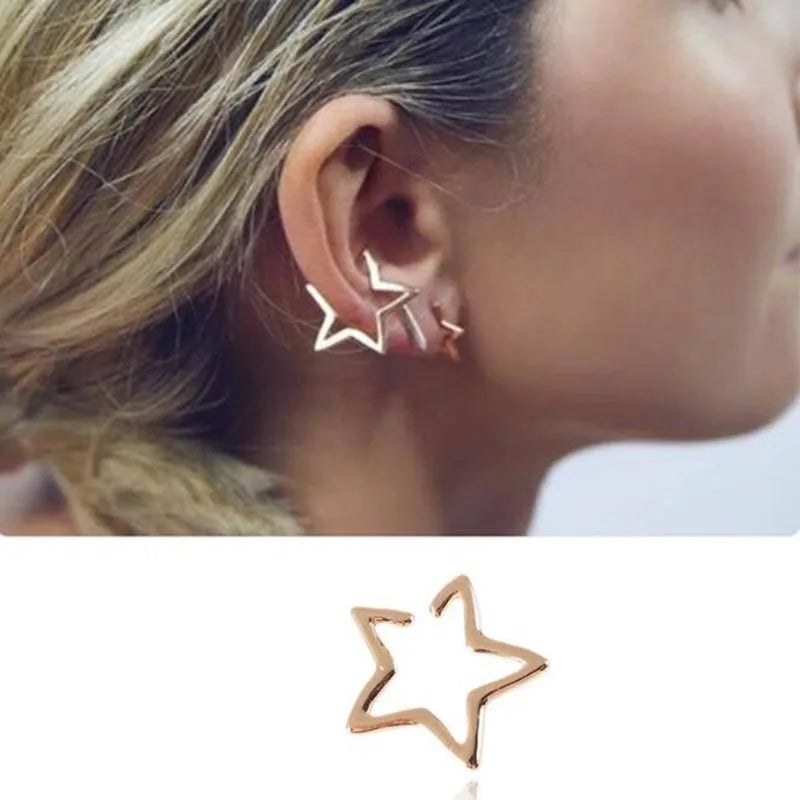 2Pcs 2024 New Fashion Hollow Star Fake Piercing Ear Cuff Non-Piercing Ear Clip Earrings For Women Man Earrings Jewelry Gift