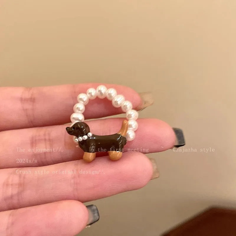 Cute Trendy Pearl Beaded Dog Elasticity Rings for Women Creative Design Charm Party Finger Jewelry Accessories Friendship Gift