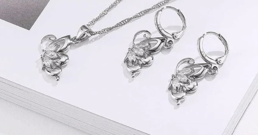 925 Sterling Silver Jewelry Sets for Women Wedding Necklace Pendant Hoop Earrings Elegant Cubic Zirconia Butterfly