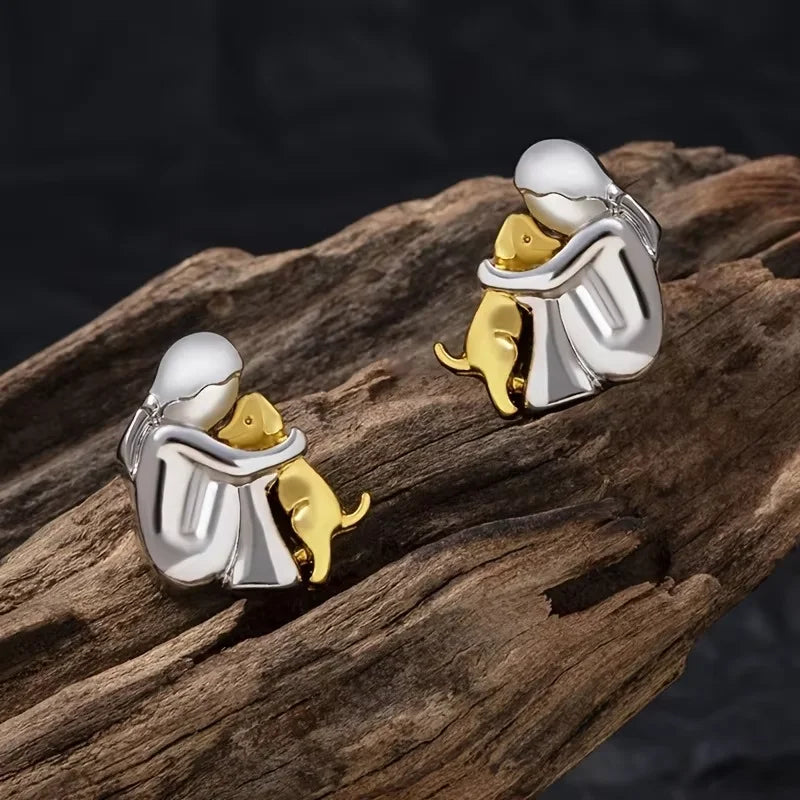 Cute Two Tone Gold Silver Color Women and Dog Stud Earrings Dog Mom Small Hoop Earrings Animal Pet Jewelry