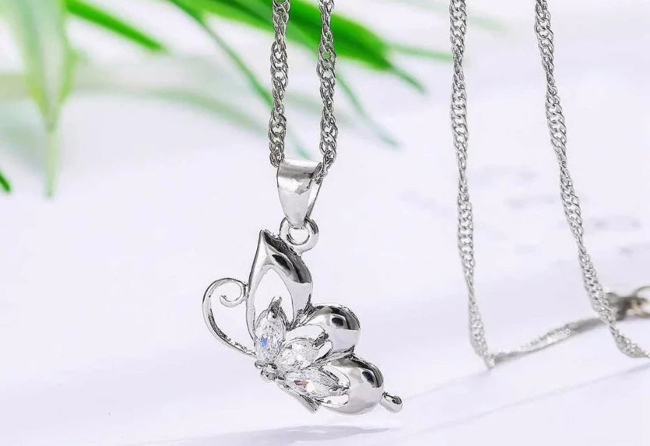 925 Sterling Silver Jewelry Sets for Women Wedding Necklace Pendant Hoop Earrings Elegant Cubic Zirconia Butterfly
