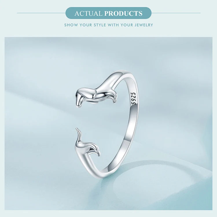 BISAER 925 Sterling Silver Cute Pet Dog Jewelry Set Dachshund Animal Stud Earrings Adjustable Rings for Women Lovely Party Gift
