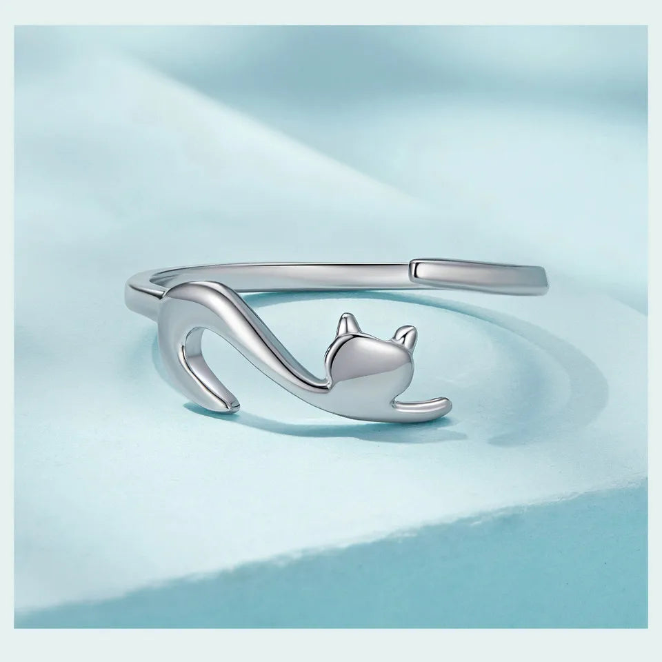 BAMOER 100% 925 Sterling Silver Sticky Cat with Long Tail Finger Ring Women Ring Adjustable Engagement Ring Jewelry SCR220