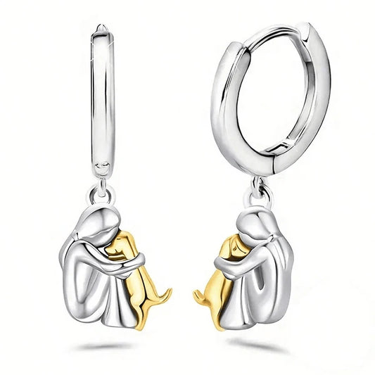 Fashion Two Tone Little Girl and Dog Earrings For Women Dog Mom Earrings Animal Puppy Jewelry
