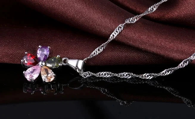 Shinning Flower Colorful CZ Crystal Pendant Jewelry Sets 925 Sterling Silver Pendant Necklace + Dangle/Hoop Earring Sets