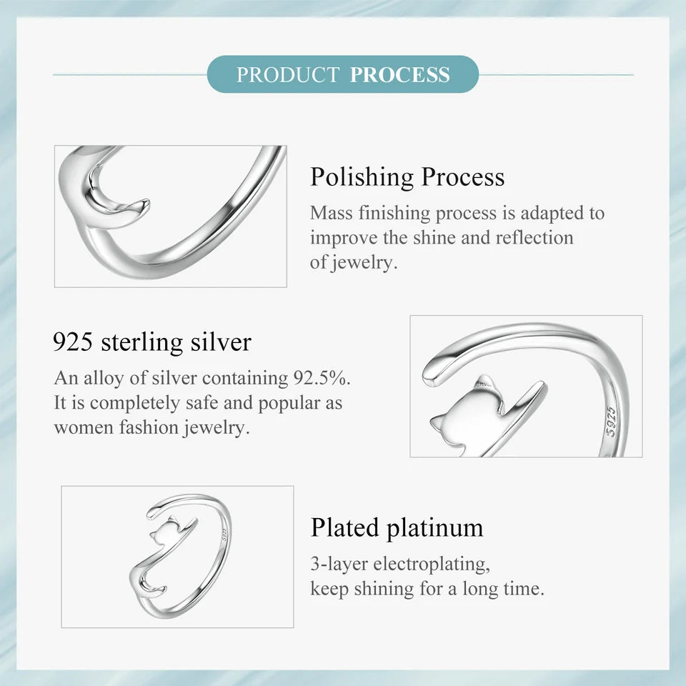 BAMOER 100% 925 Sterling Silver Sticky Cat with Long Tail Finger Ring Women Ring Adjustable Engagement Ring Jewelry SCR220