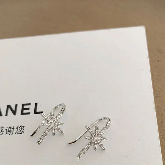 Copper Octagon Dainty Starburst Hook Earrings Dangling Star with Crystals Ear Studs For Women