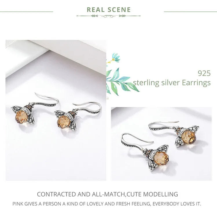 Bamoer Hot Sale 925 Sterling Silver Yellow Bee Drop Earrings for Women Lovely Insect Earrings Fine Jewelry Gift SCE149