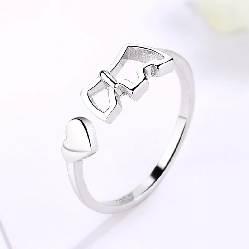 New Fashion 925 Sterling Silver Delicate Heart Pony Asymmetry Open Resizable Rings Women&Girl Exquisite Jewelry Finger Ring Gift