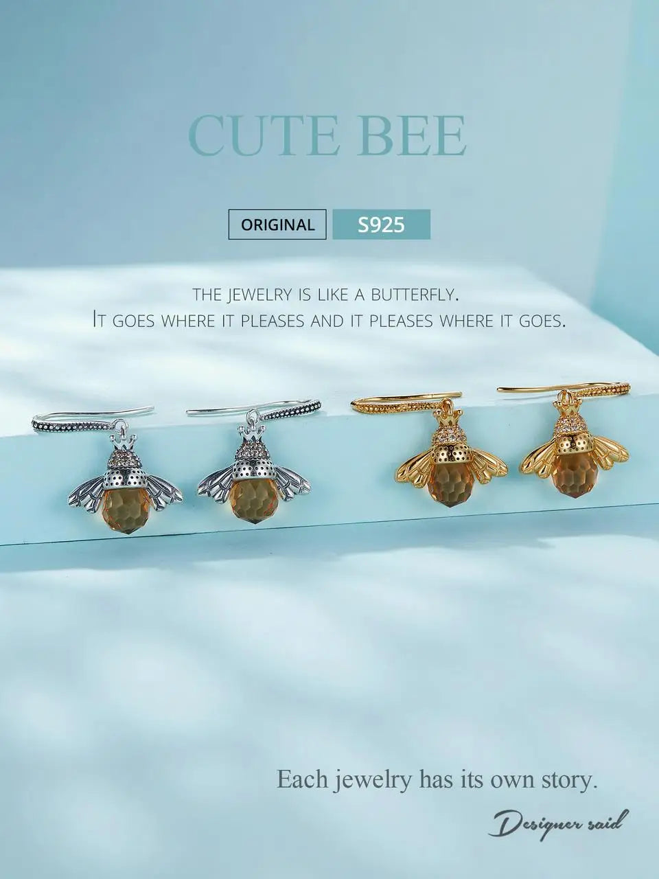 Bamoer Hot Sale 925 Sterling Silver Yellow Bee Drop Earrings for Women Lovely Insect Earrings Fine Jewelry Gift SCE149