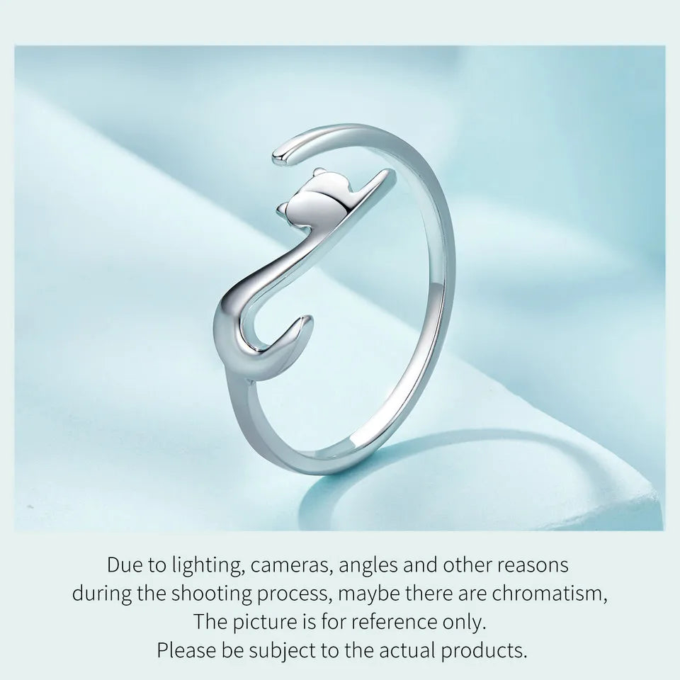 BAMOER 100% 925 Sterling Silver Sticky Cat with Long Tail Finger Ring Women Ring Adjustable Engagement Ring Jewelry SCR220