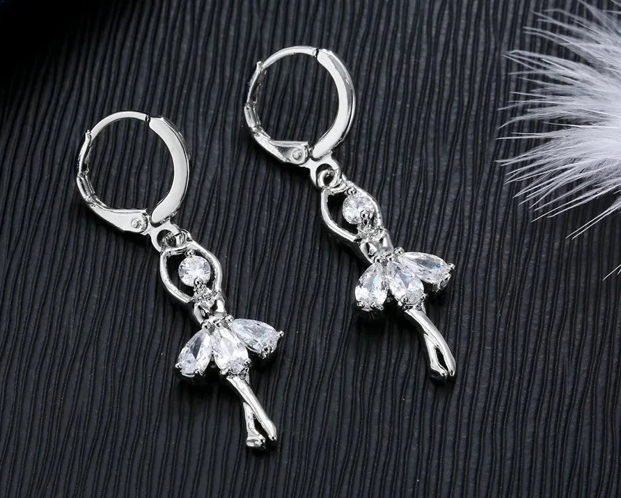 Solid S925 Sterling Silver Jewelry Gift Sets Cute Ballet Dancer Design Necklace Hoop Loop Earrings for Women Party