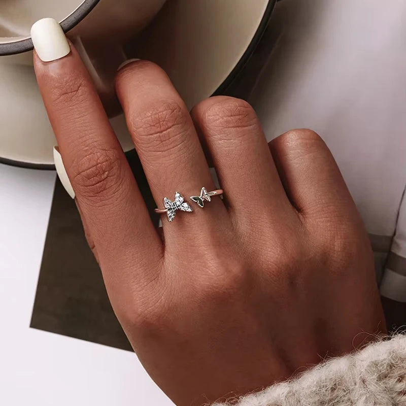 BAMOER Hot Sale 925 Sterling Silver Dazzling CZ Butterfly Open Finger Ring for Women Fashion Sterling Silver Jewelry Gift SCR087