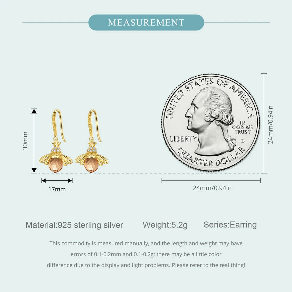 Bamoer Hot Sale 925 Sterling Silver Yellow Bee Drop Earrings for Women Lovely Insect Earrings Fine Jewelry Gift SCE149