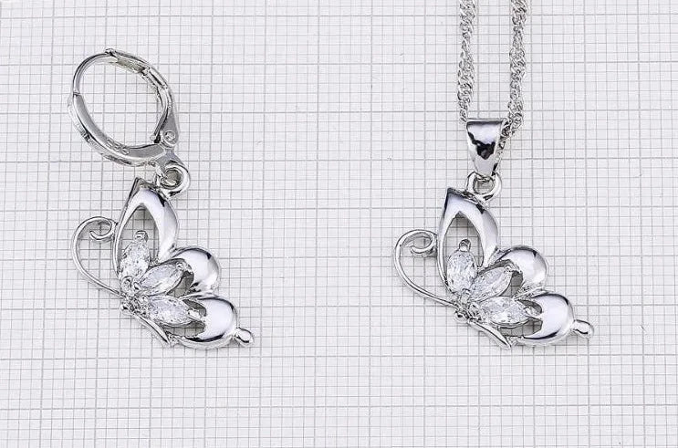 925 Sterling Silver Jewelry Sets for Women Wedding Necklace Pendant Hoop Earrings Elegant Cubic Zirconia Butterfly