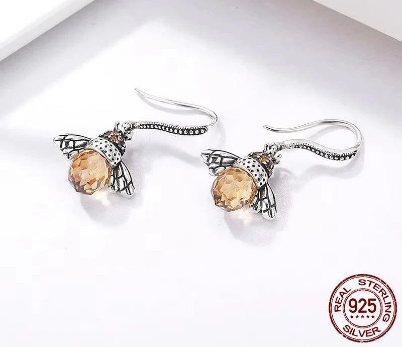 Bamoer Hot Sale 925 Sterling Silver Yellow Bee Drop Earrings for Women Lovely Insect Earrings Fine Jewelry Gift SCE149