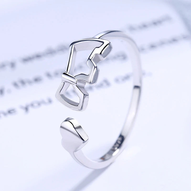 New Fashion 925 Sterling Silver Delicate Heart Pony Asymmetry Open Resizable Rings Women&Girl Exquisite Jewelry Finger Ring Gift